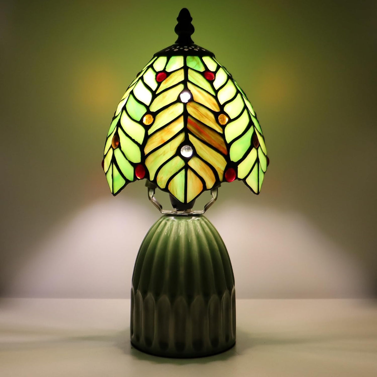 Tiffany Stained Glass Mushroom Table Lamp 12.5 Inch -Green Leaf