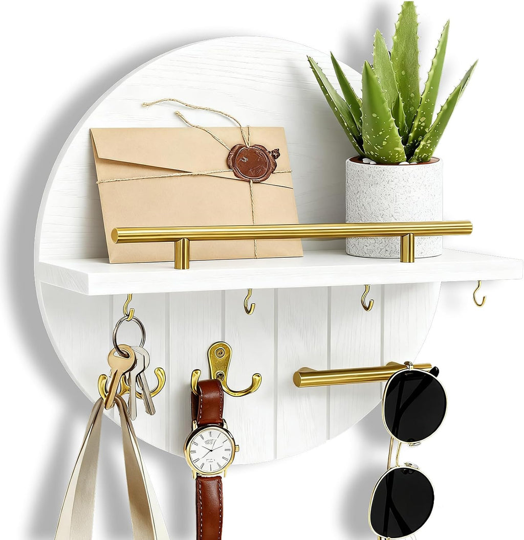 Round Wooden Key Holder Wall Mount with Shelf & 8 Key Hooks for Entryway