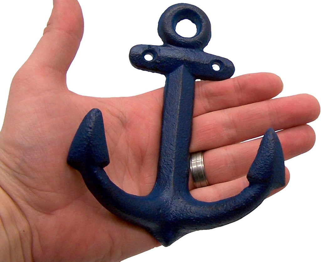 Wowser Nautical Cast Iron Ship Anchor Wall Hooks, 6 Inches, Set of 3 (Blue)