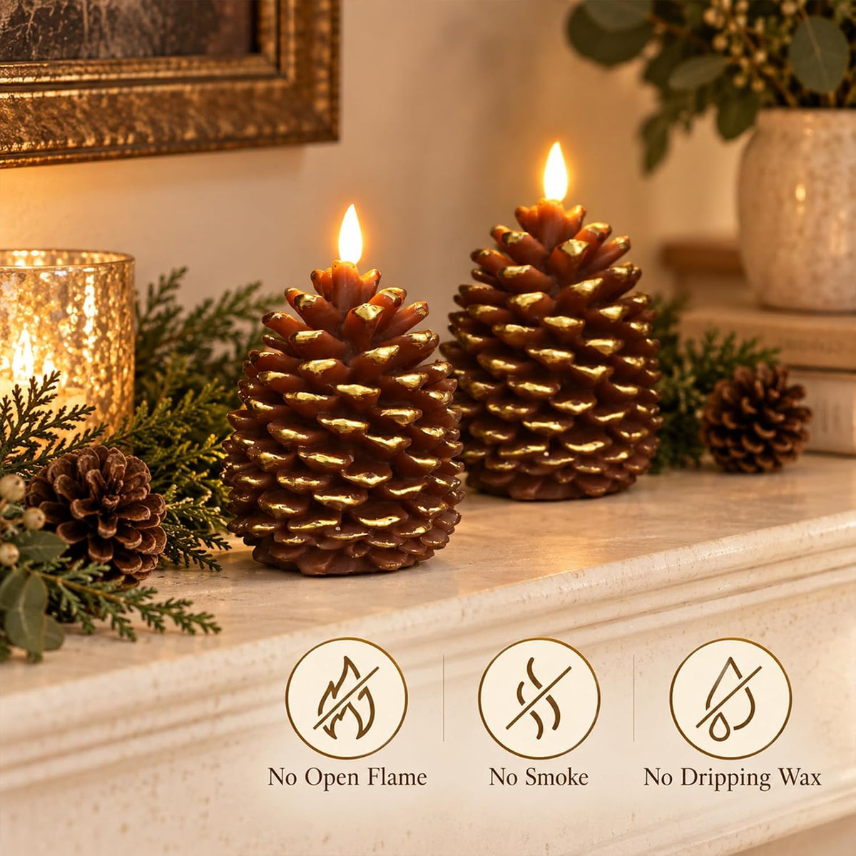 Pinecone Flameless Candles with Remote, Fall Thanksgiving Christmas Decor