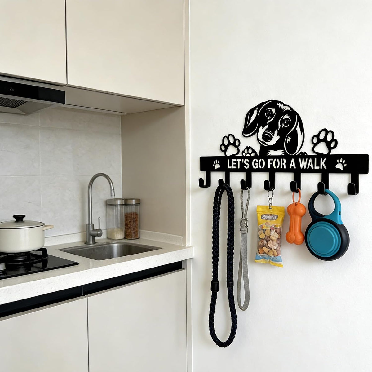 Cute Small Black Metal Dachshund Key & Dog Leash Holder for Wall