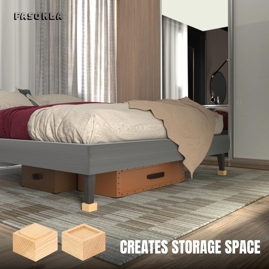 FASONLA Bed Risers (Set of 4) - Oak Solid Wood Furniture Risers Lifts Height 2" with Non-Slip Recessed Hole (4pcs-2" Height-Natural Color)