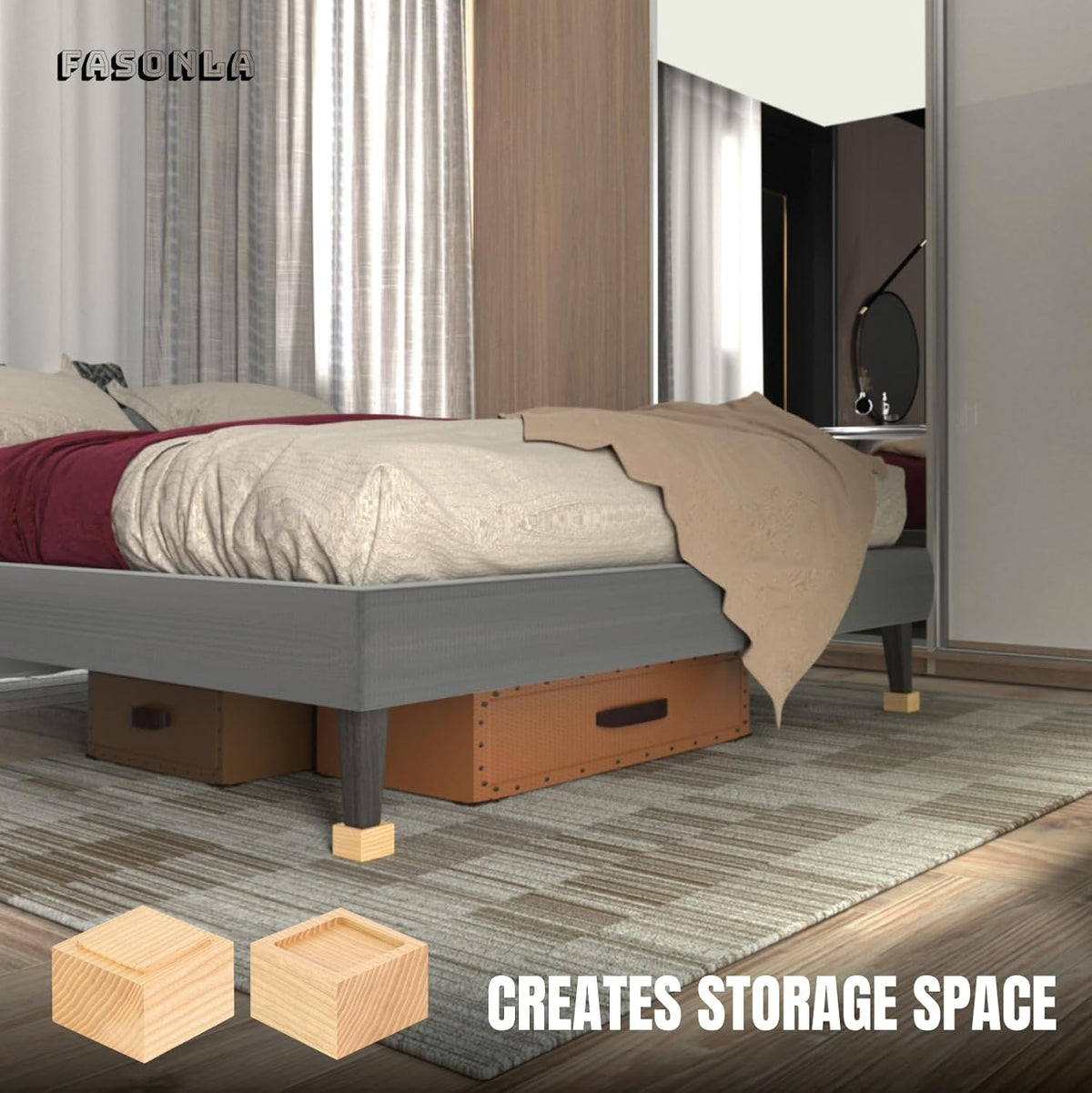 FASONLA Bed Risers (Set of 4) - Oak Solid Wood Furniture Risers Lifts Height 2" with Non-Slip Recessed Hole (4pcs-2" Height-Natural Color)