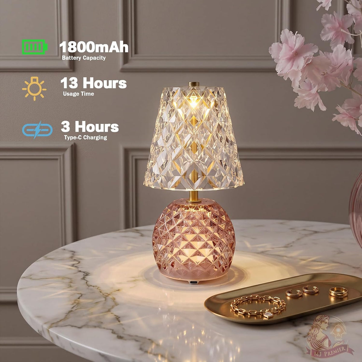 MJ PREMIER Rechargeable Table Lamp Cordless Mushroom Lamp with Timer Pink