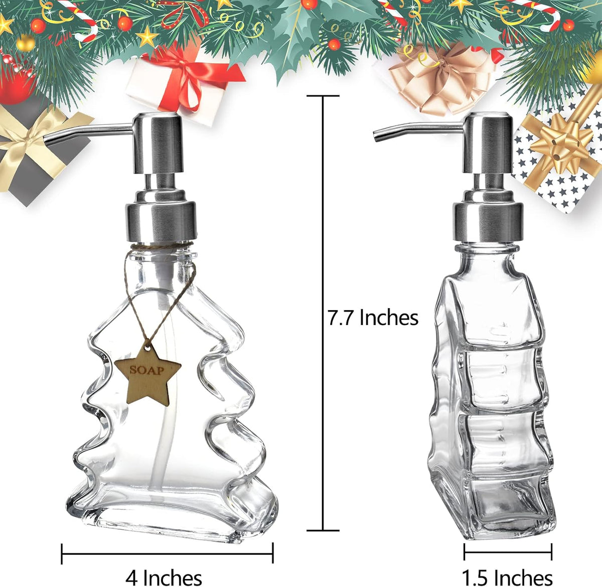 Christmas Tree Soap Dispenser, Glass Soap Dispenser with Sliver 304 Rust Proof Pump, Christmas Tree Shaped Great for Xmas Decor, Hand Soap, Dish Soap, Kitchen, Bathroom
