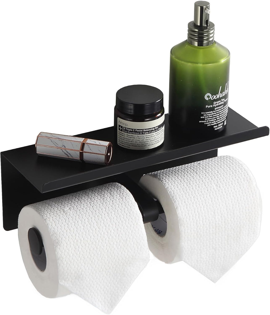 Self Adhesive Aluminum Waterproof Toilet Paper Holder with Shelf Black