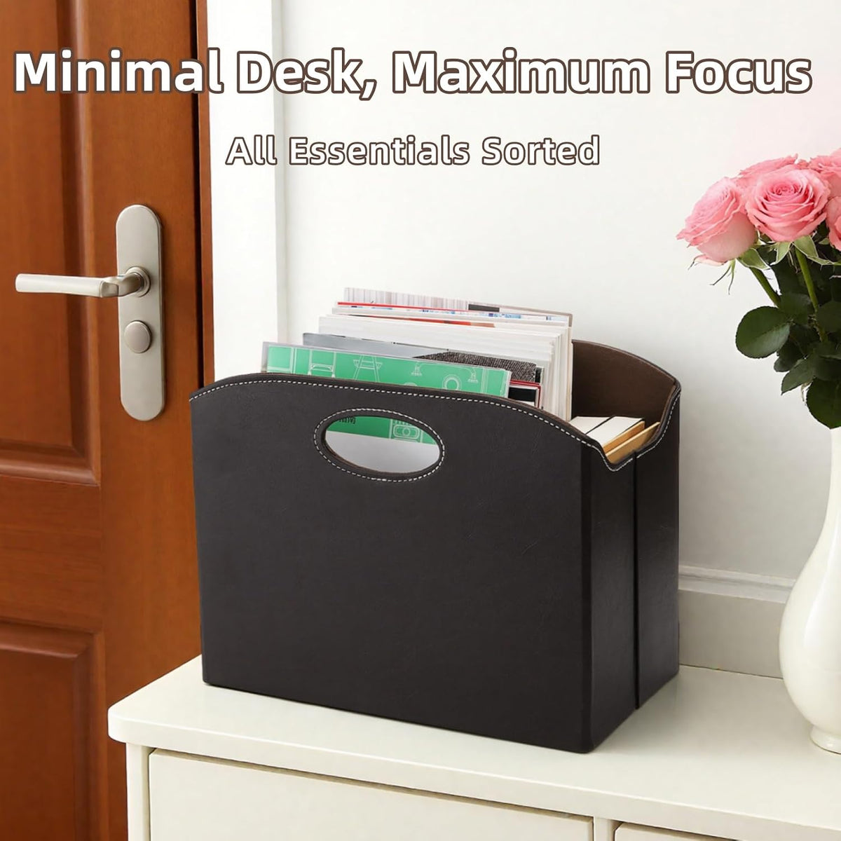 WRINGKIT Leather Magazine File Holder, Foldable Magazine Basket with Handle