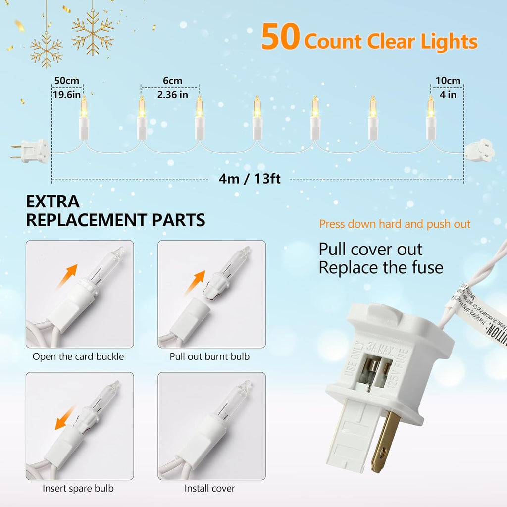 Christmas Lights Clear White 50 Count, 13ft Incandescent Mini String Lights Plug in Warm White with White Wire for Mantle Christmas Tree Indoor Outdoor Xmas Wedding Party Decorations