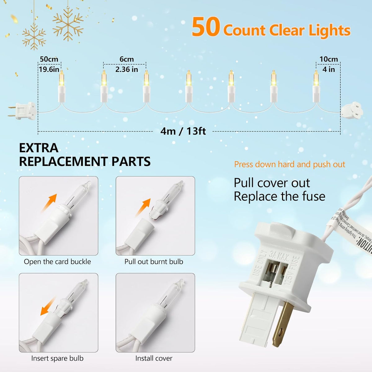 Christmas Lights Clear White 50 Count, 13ft Incandescent Mini String Lights Plug in Warm White with White Wire for Mantle Christmas Tree Indoor Outdoor Xmas Wedding Party Decorations