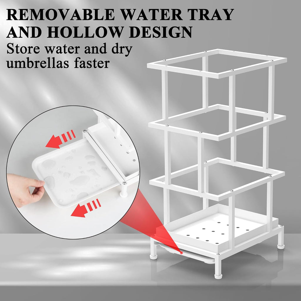 Alyoen Umbrella Holder for Entryway, Metal Umbrella Stand with Water Tray and Cane Holder, Adjustable Feet, 10.4 x 8.4 x 18.7 in, Suitable for Home, Office, and Shopping Mall (White)