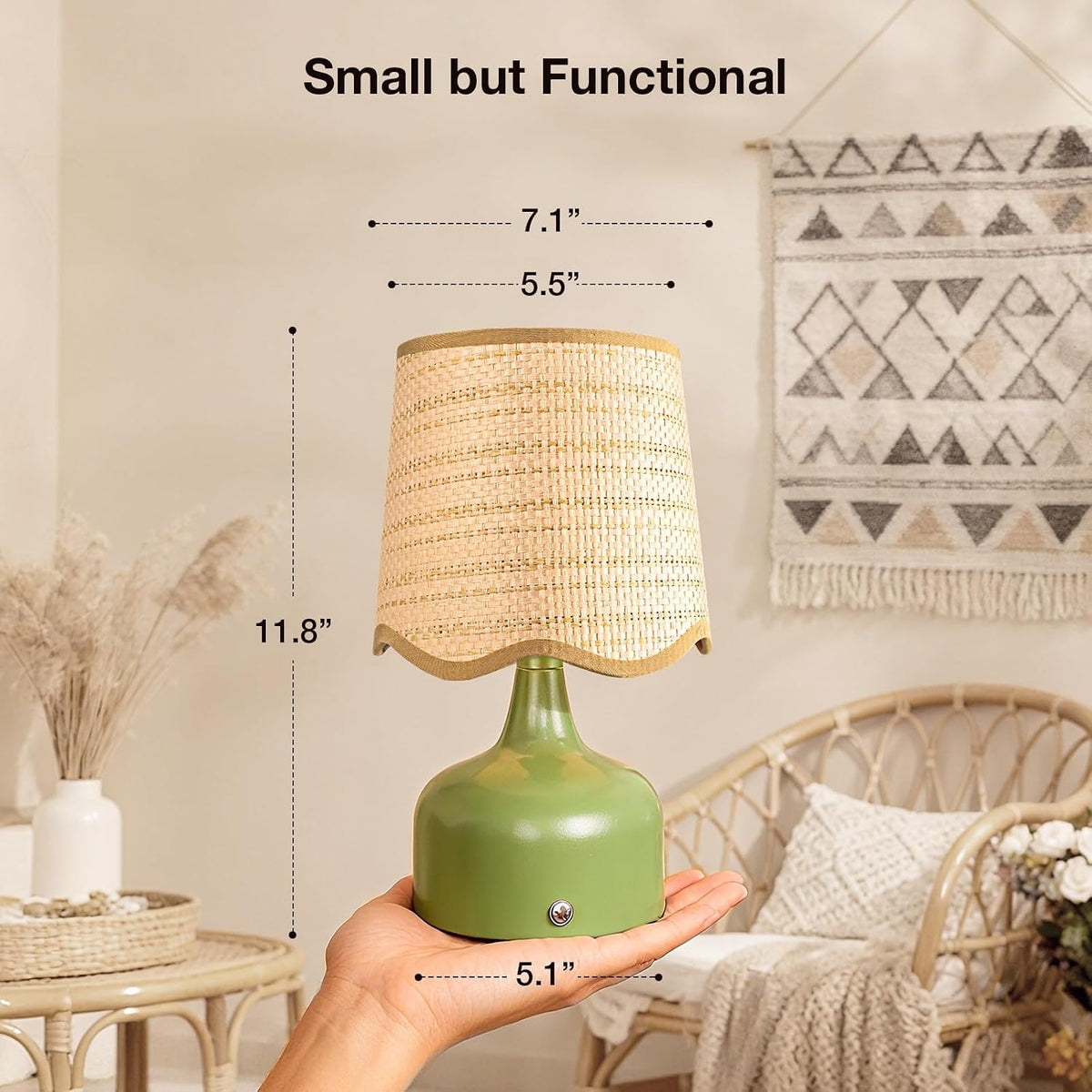 Cordless Boho Table Lamp Green, Scalloped Wicker Shade, 5200-mAh Rechargeable Battery, 3-Way Dimmable, Build-in Integrated LED 320 Lumen Max, for Bedside Living Room
