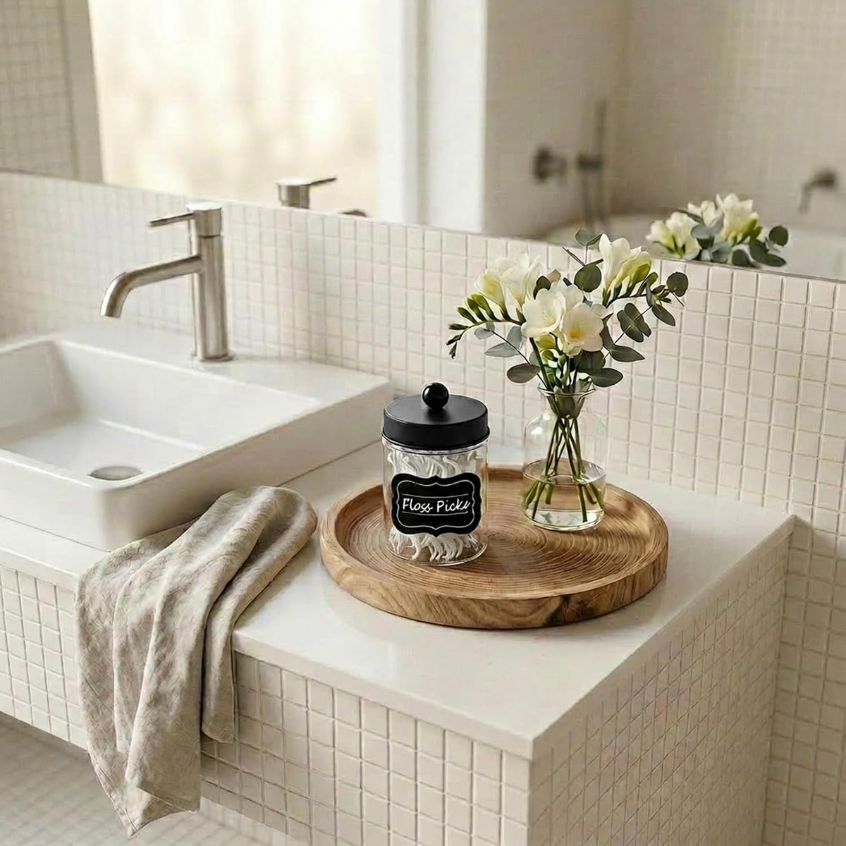 Amolliar Glass Apothecary Jar Qtip Holder w/Metal Lids, Black