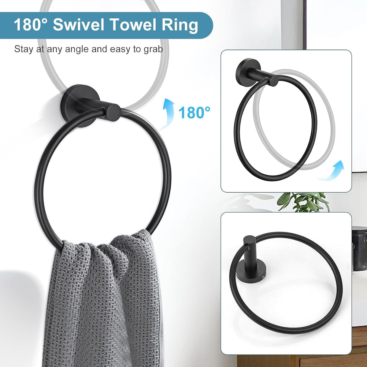 TQKAG Matte Black Bathroom Hardware Set, 6-Piece Towel Bar Set 23.6 Inch