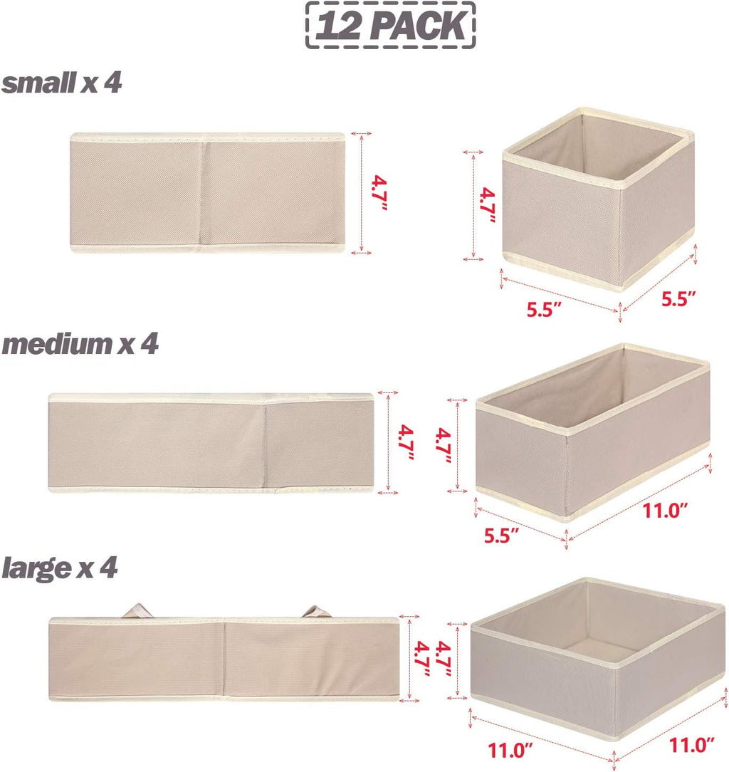 DIOMMELL 12 Pack Foldable Cloth Storage Box Closet Dresser Drawer Organizer Fabric Baskets Bins Containers Divider for Clothes Underwear Bras Socks Lingerie Clothing, Beige 444