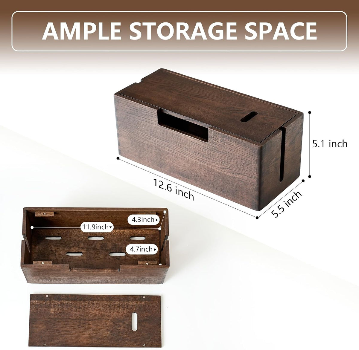 Oak Wood Cable Management Box - Large Cord Hider & Organizer with Magnetic Lid for Desk & Floor Cables in Home Office, Living Room, Bedroom (Walnut)