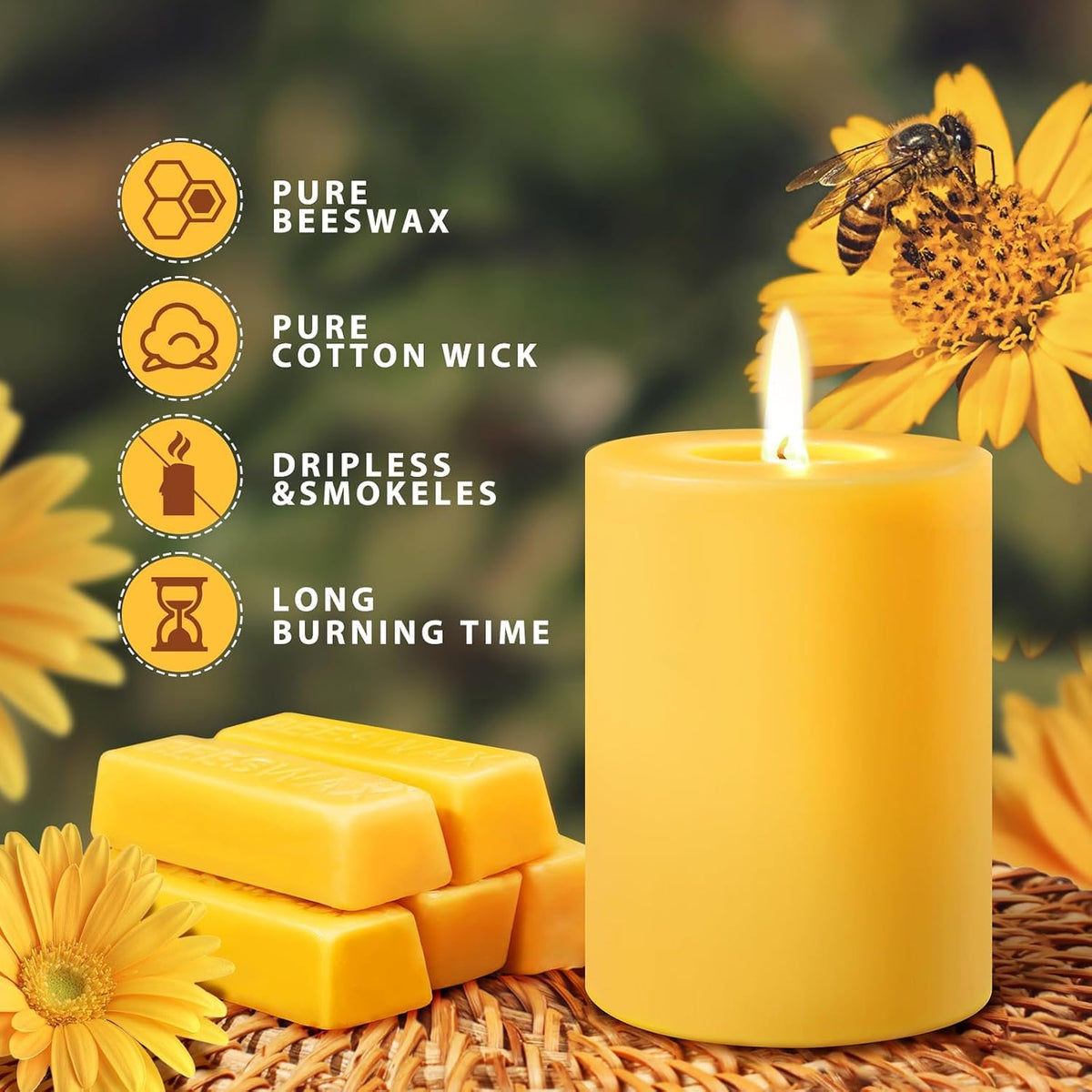 4 Pack Beeswax Pillar Candles, 2.8x4 inch Yellow Pillar Candle,53 Hours