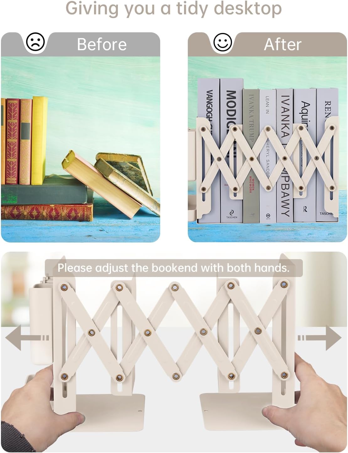 Honagu Adjustable Bookends, Metal Book Ends for Shelves Heavy Book, Bookend for Home, Office, Books, Papers, Book Stopper with Removable Hook, Pen Holder, Gifts for Students, Teachers（Milky White）