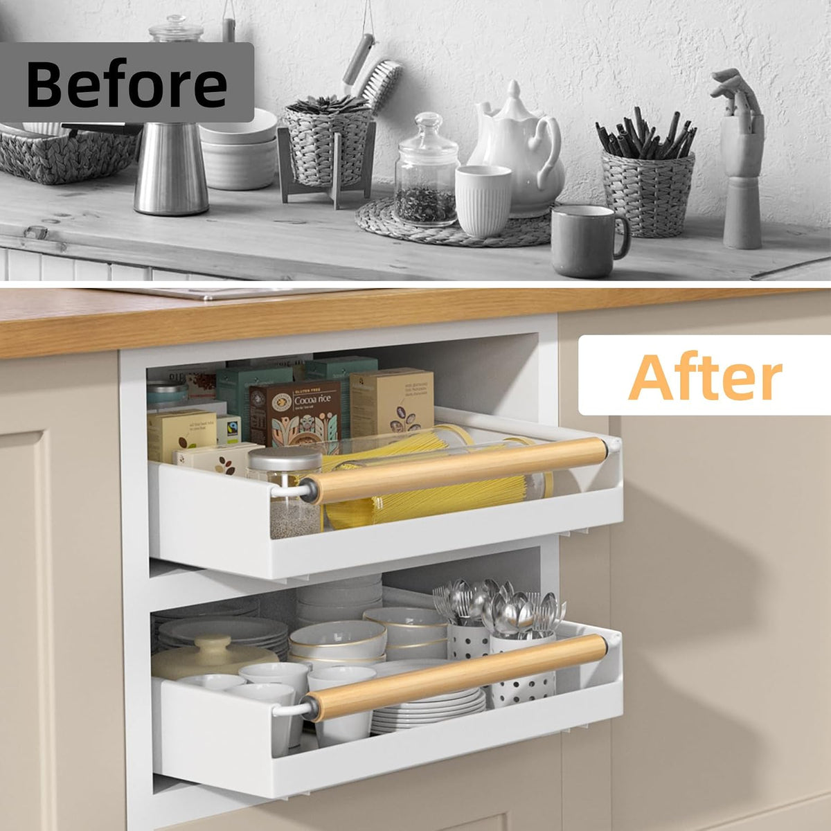 Pull Out Cabinet Organizer, 15.3'' Deep Expandable Slide Out Cabinet Organizer Fixed with Adhesive Nano Film, Slide Out Drawers Pull Out Tray for Cabinet in Kitchen, Pantry, Bathroom, White