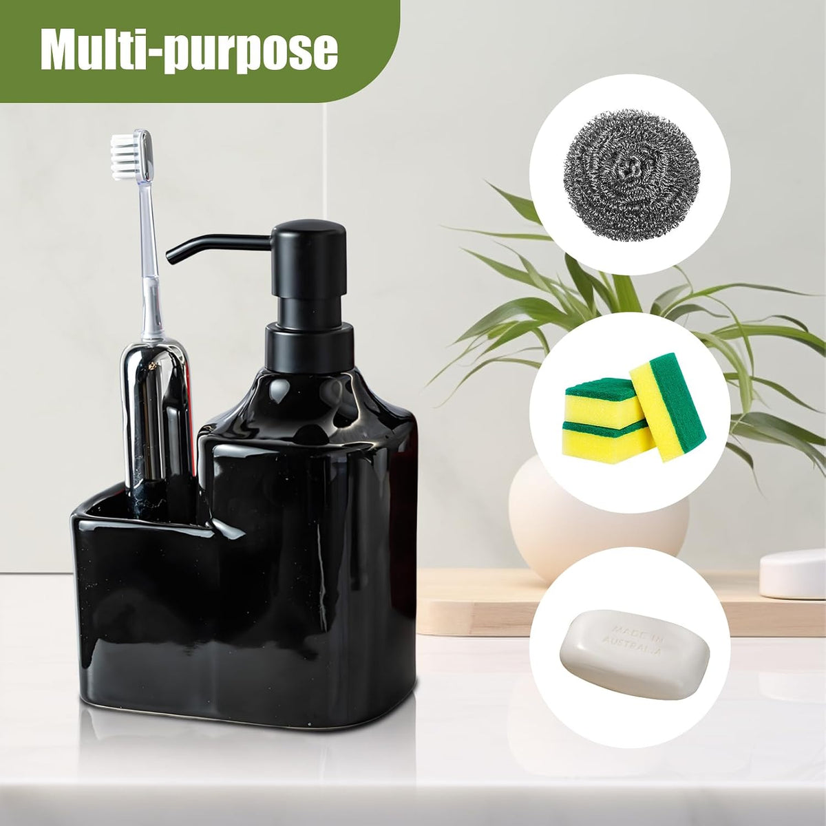 Gets Soap Dispenser Black Ceramic Pump Bottle with Storage Holder