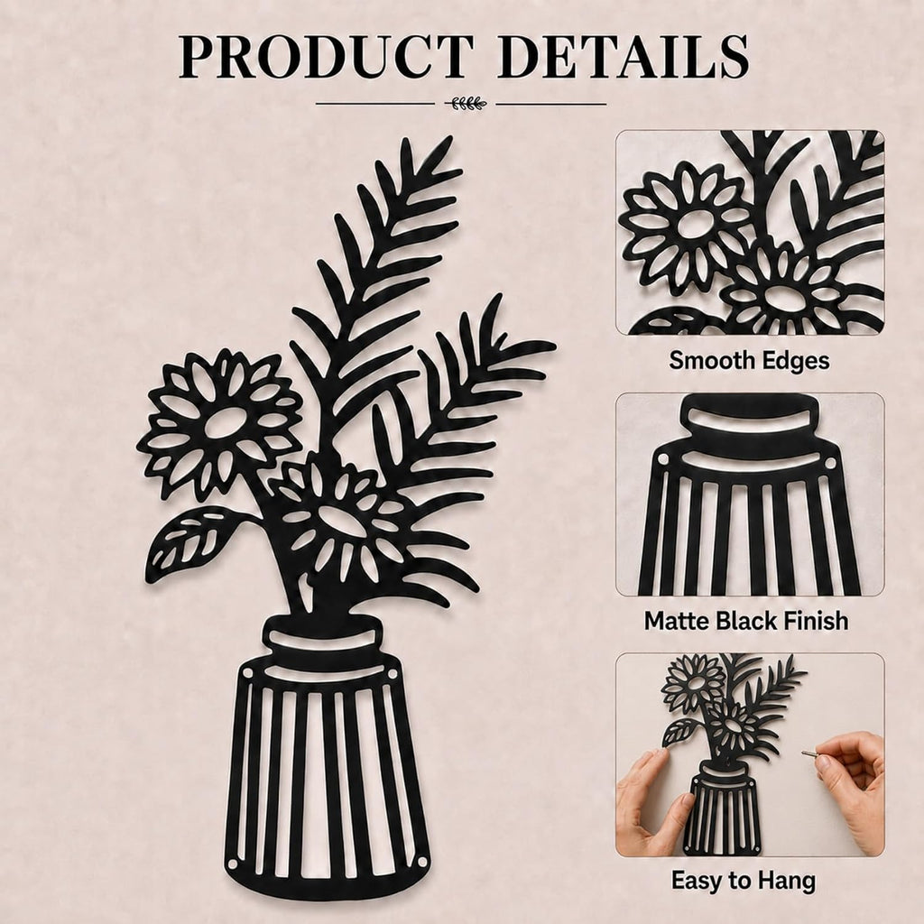Qzmaikoo 3 Pieces Black Metal Flowers Wall Decor Vase Art Sculptures Hanging for Indoor Kitchen Bathroom Dining Room Patio, 14.56x7.48 Inches