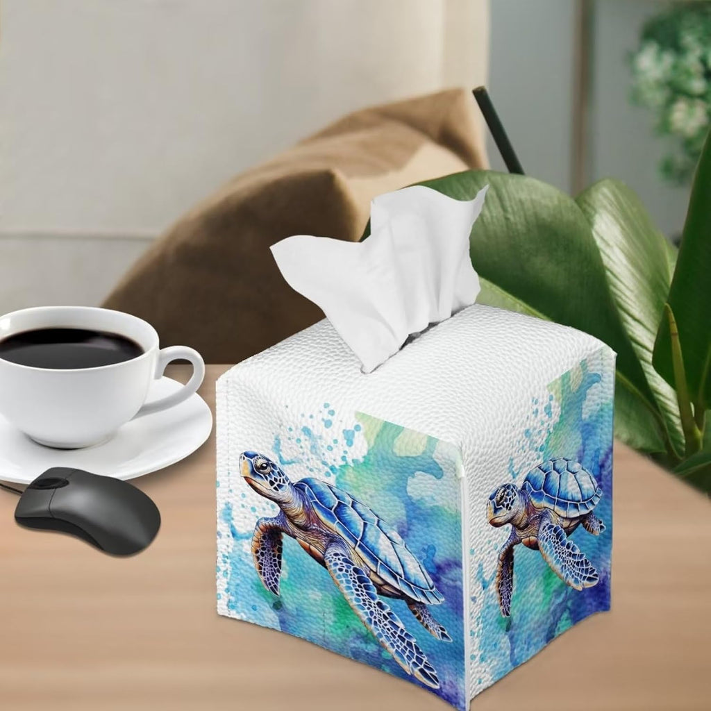 ZOUTAIRONG Retro Square Aqua Blue Leather Tissue Box Holder