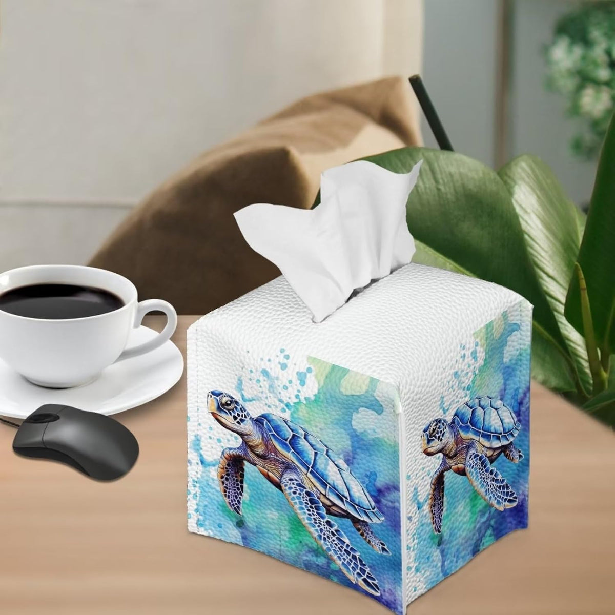 ZOUTAIRONG Retro Square Aqua Blue Leather Tissue Box Holder