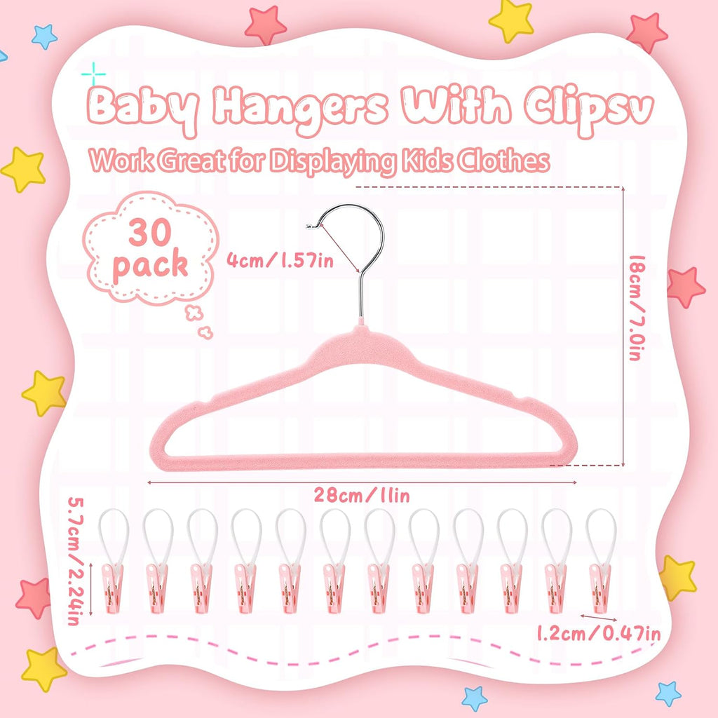 30 Pack Pink Velvet Baby Hangers with Clips Kids Clothes Hangers