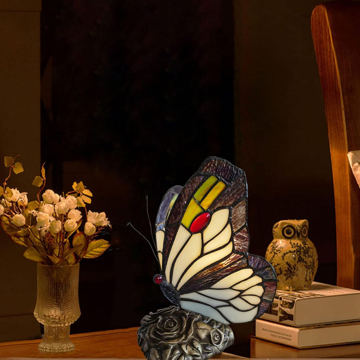 Bedside Table Lamp LED Tiffany Black White Butterfly Nightstand Table Lamps Stained Glass Shade ON Off Switch Home Office Desk Lamp Night Light Girl Grandma Mothers Day Gifts W/Gift Box
