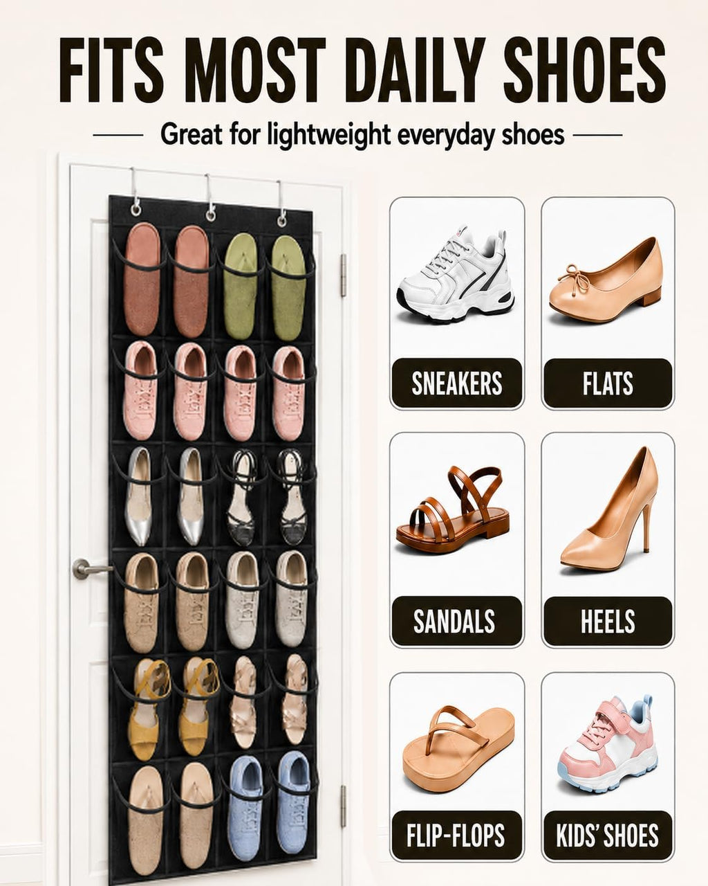 Over The Door Shoe Organizer with 24 Large Breathable Mesh Pockets