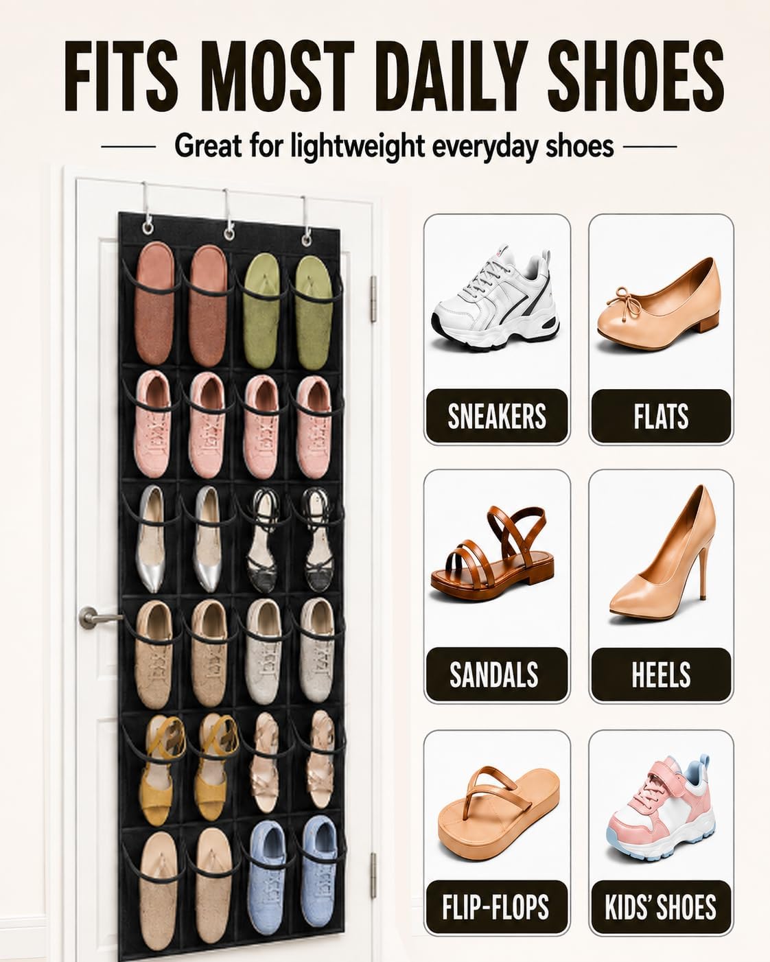 Over The Door Shoe Organizer with 24 Large Breathable Mesh Pockets