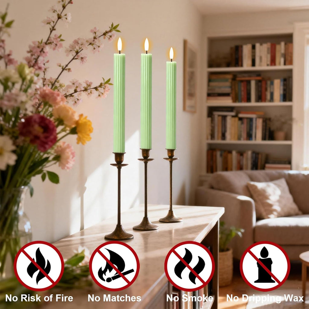 Green Flameless Taper Candles Battery Operated with Remote Timer