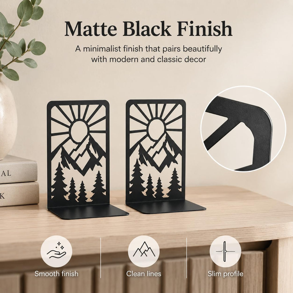 Mountain and Forest Sunrise Bookends, Set of 2 (1 Pair), Matte Black Metal Book Ends for Shelves, Bookshelf, Desk and Home Library Decor