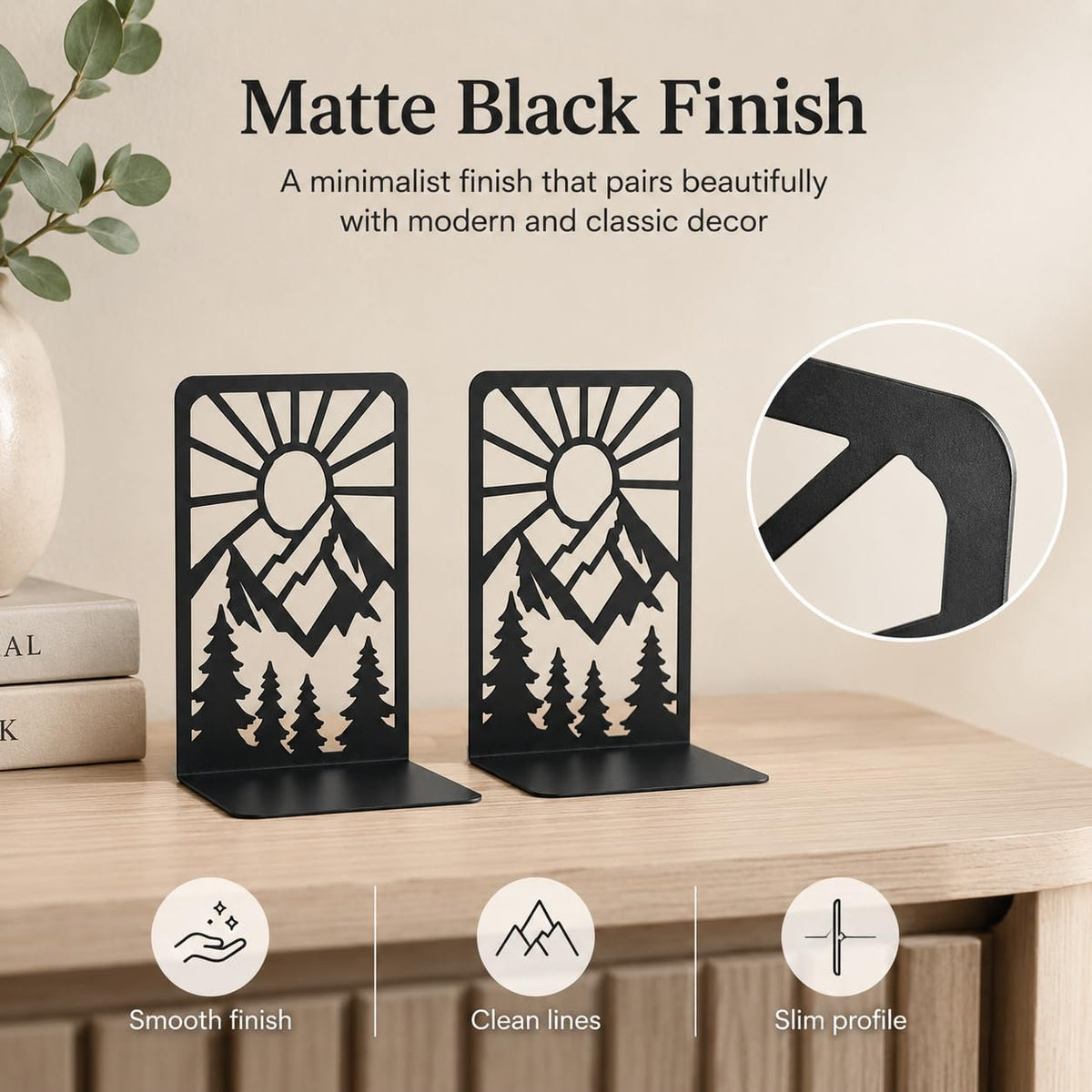 Mountain and Forest Sunrise Bookends, Set of 2 (1 Pair), Matte Black Metal Book Ends for Shelves, Bookshelf, Desk and Home Library Decor
