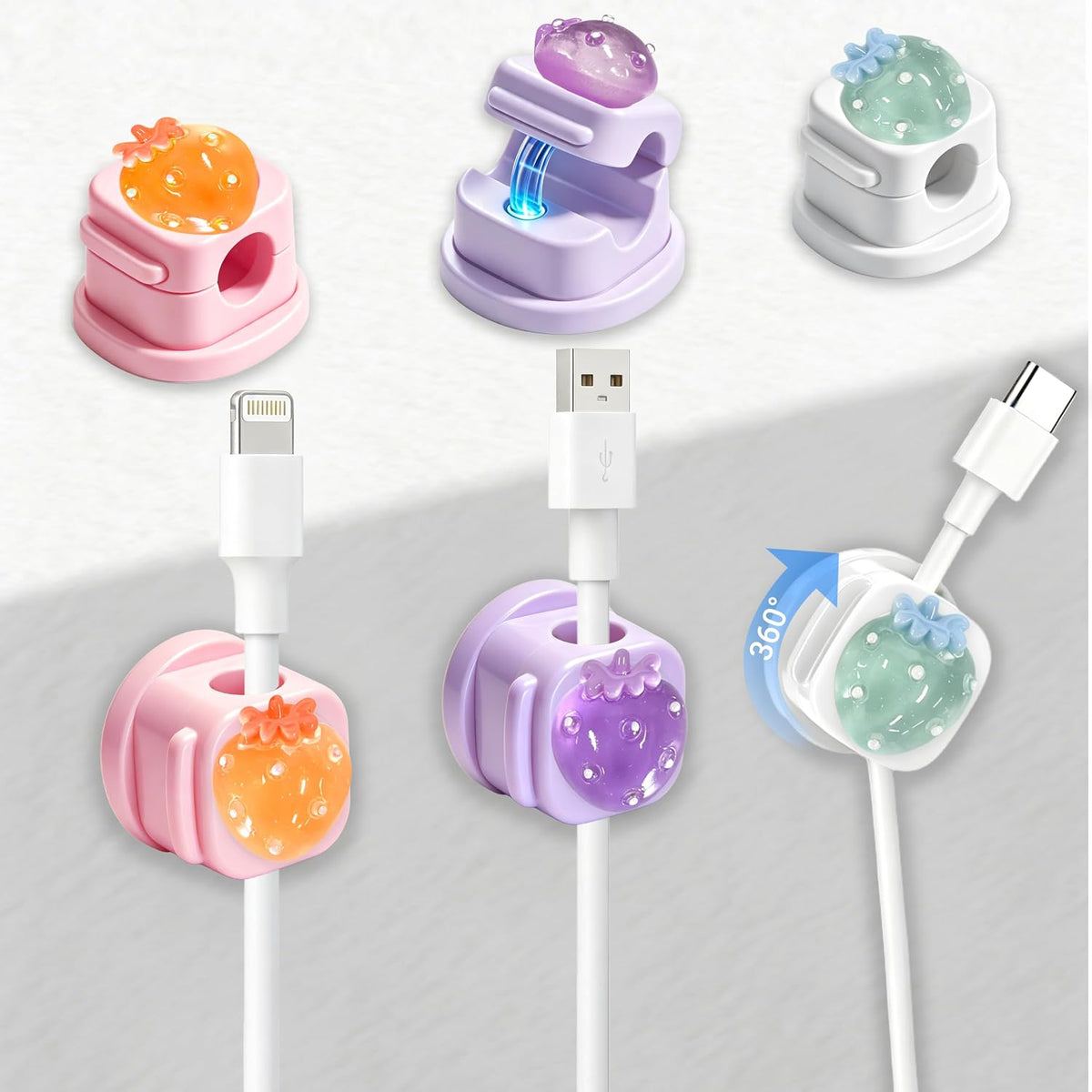 6Pack Magnetic Cable Clips,Night-Glowing Cord Holder,Strawberry