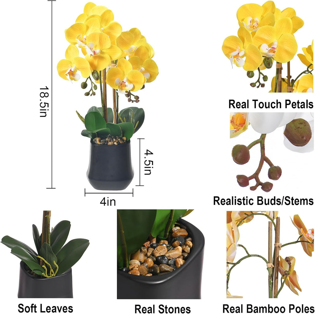 18.5" Yellow Faux Orchid Flowers Arrangement in Matte Black Pot