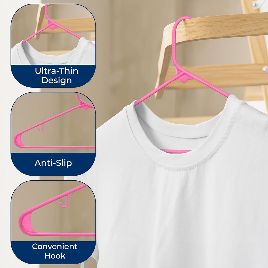 SereneLife 100 Pack Plastic Clothes Hangers | Keeps Shirts, Coats & Dresses Neatly Organized | Non-Slip Recycled ABS, Heavy Duty Design, Slim 0.24-Inch Profile, 5.5 Lbs Capacity | Pink