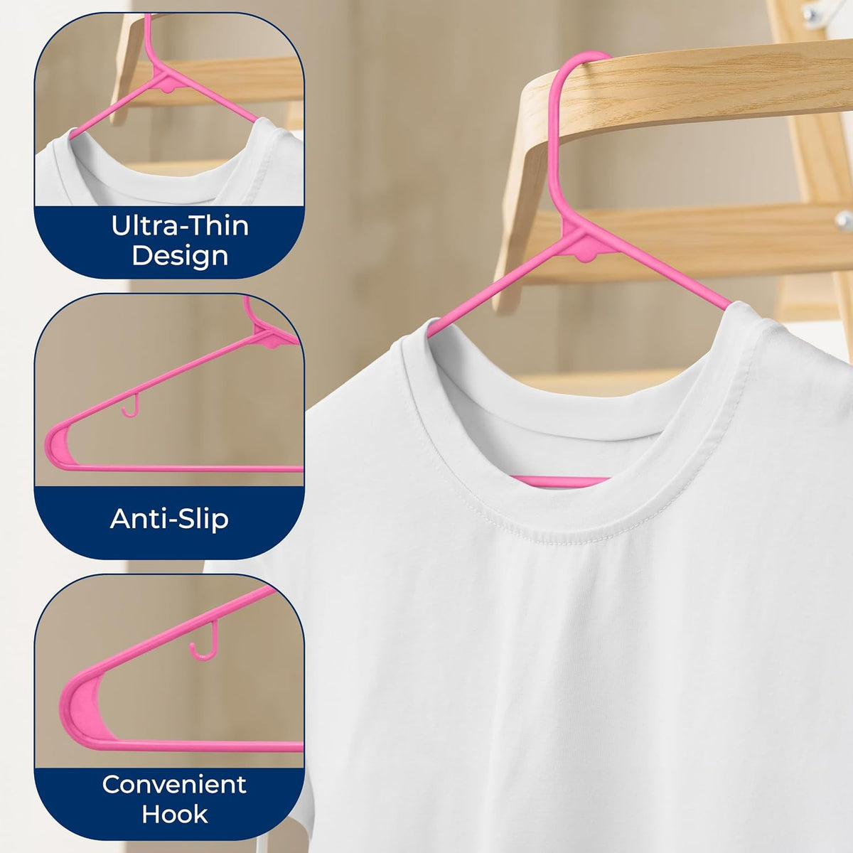 SereneLife 100 Pack Plastic Clothes Hangers | Keeps Shirts, Coats & Dresses Neatly Organized | Non-Slip Recycled ABS, Heavy Duty Design, Slim 0.24-Inch Profile, 5.5 Lbs Capacity | Pink