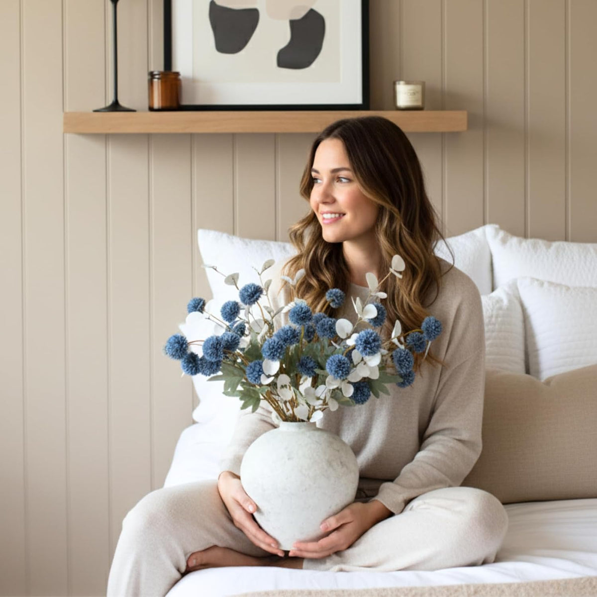 Handemade Large Round Vase for Centerpieces, White Farmhouse Rustic Vase