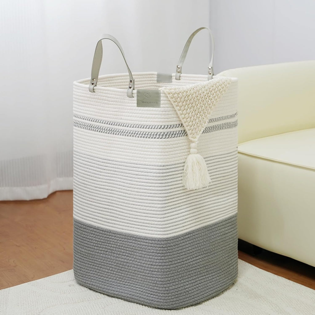 danpinera 75L Woven Laundry Hamper with Long Leather Handles, Baby Laundry Basket for Nursery, Tall Hampers for Bedroom Aesthetic, Decorative Clothes Storage Basket for Family White & Gray