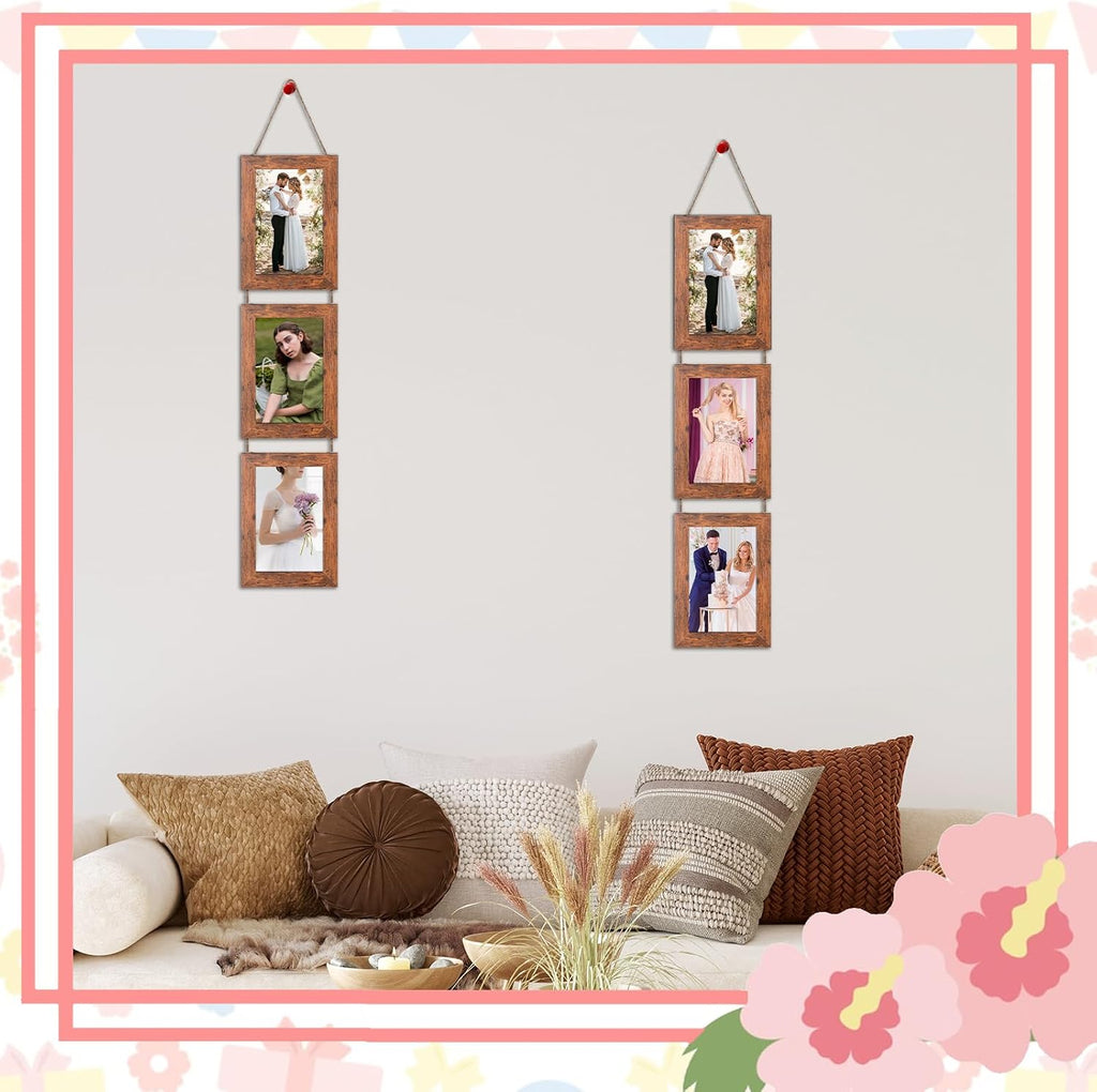 4x6 Rustic Brown Hanging Collage Picture Frames Set of 2, 3 Openings Collage Photo Frames Rustic Wooden Real Glass Vertical Hanging