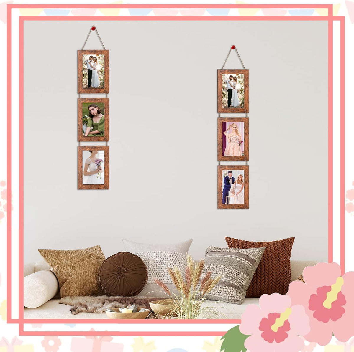 4x6 Rustic Brown Hanging Collage Picture Frames Set of 2, 3 Openings Collage Photo Frames Rustic Wooden Real Glass Vertical Hanging