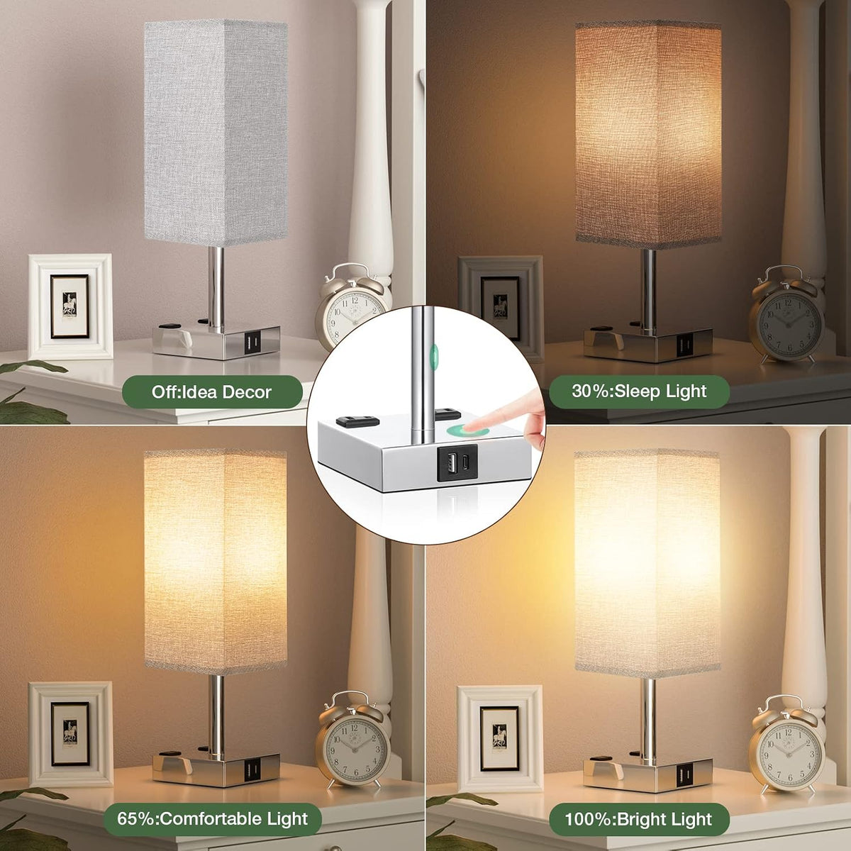 Light Grey Touch Lamps Set for Bedroom - Dimmable, USB C+A, 2 AC Outlets