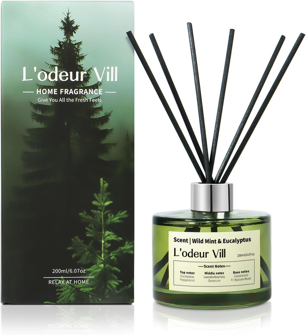 L'odeur Vill Reed Diffuser Set, 6.7 fl oz(200ml) Scent Diffuser with 6 Reed Sticks, Wild Mint & Eucalyptus Oil Diffuser Home Fragrance Bathroom & Office Shelf Decor