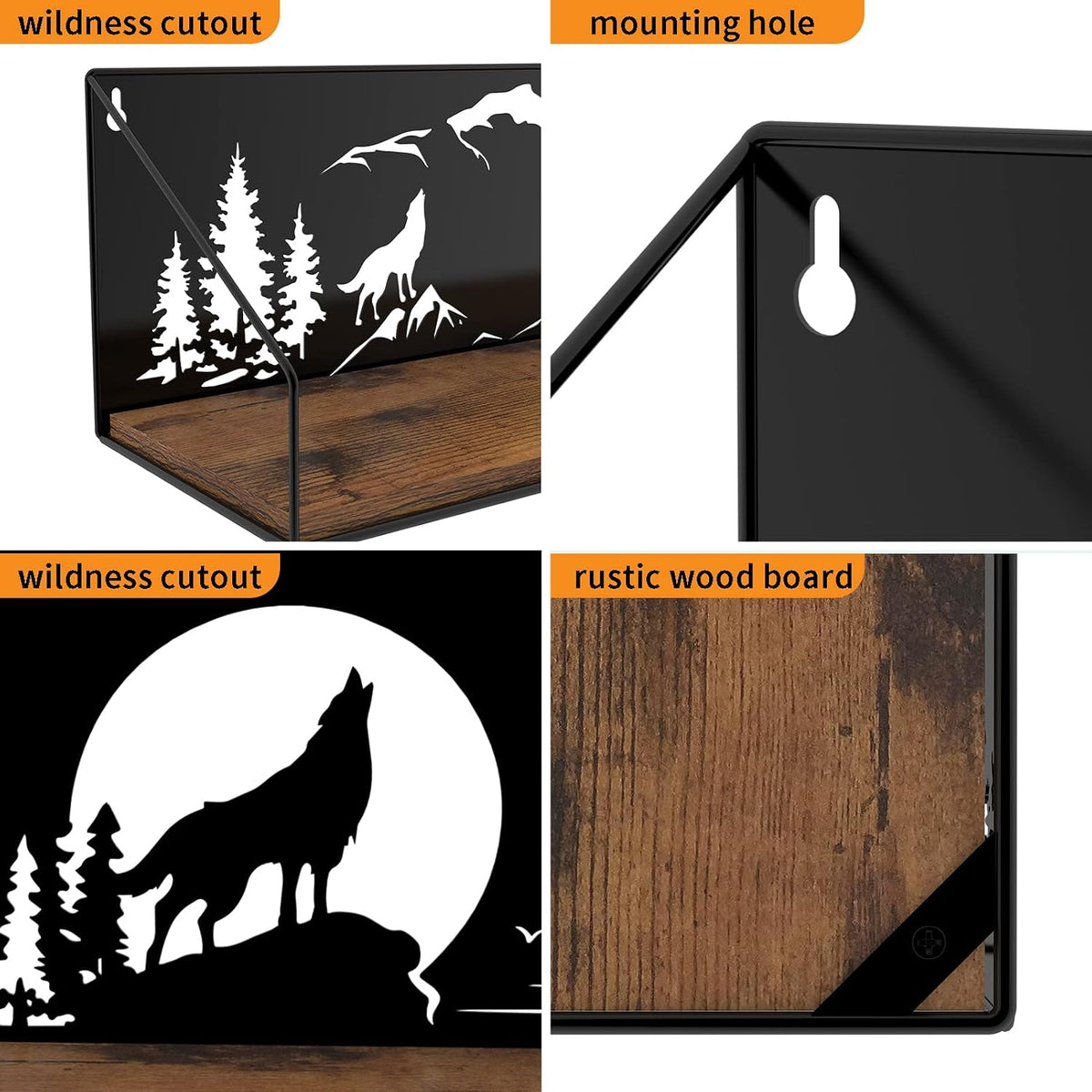 Giftgarden Floating Shelves for Wall with Unique Howling Wolves Cutout, Rustic Wolf Decor Wood Iron Hanging Shelf Decoration for Bedroom Bathroom Storage Cabin Lodge, Black