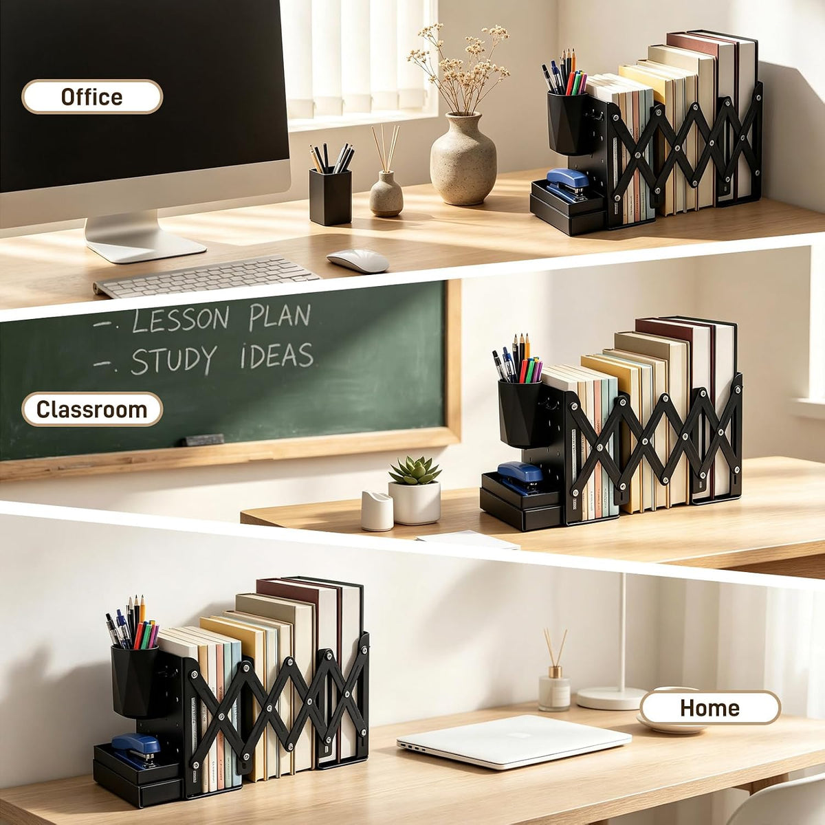 Adjustable Bookends with Mini Pegboard 6 Hooks/Pen Holder/Tray for Desktop