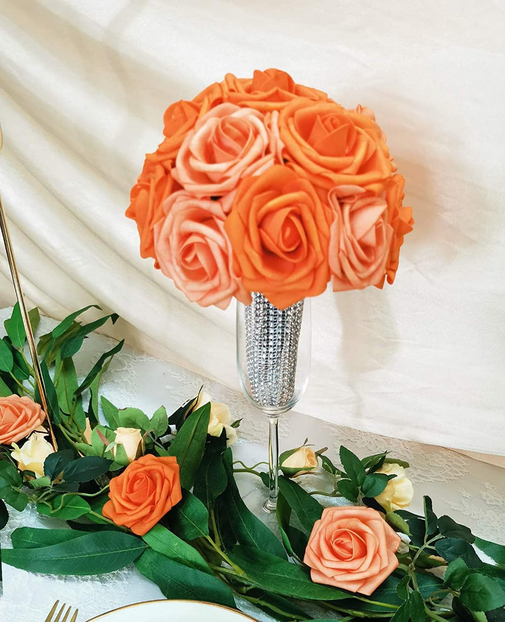 Artificial Flowers 50PCS Real Looking Mixed Vivid Orange Fake Roses with Stem for DIY Wedding Bouquets Centerpieces Baby Shower Party Home Decorations