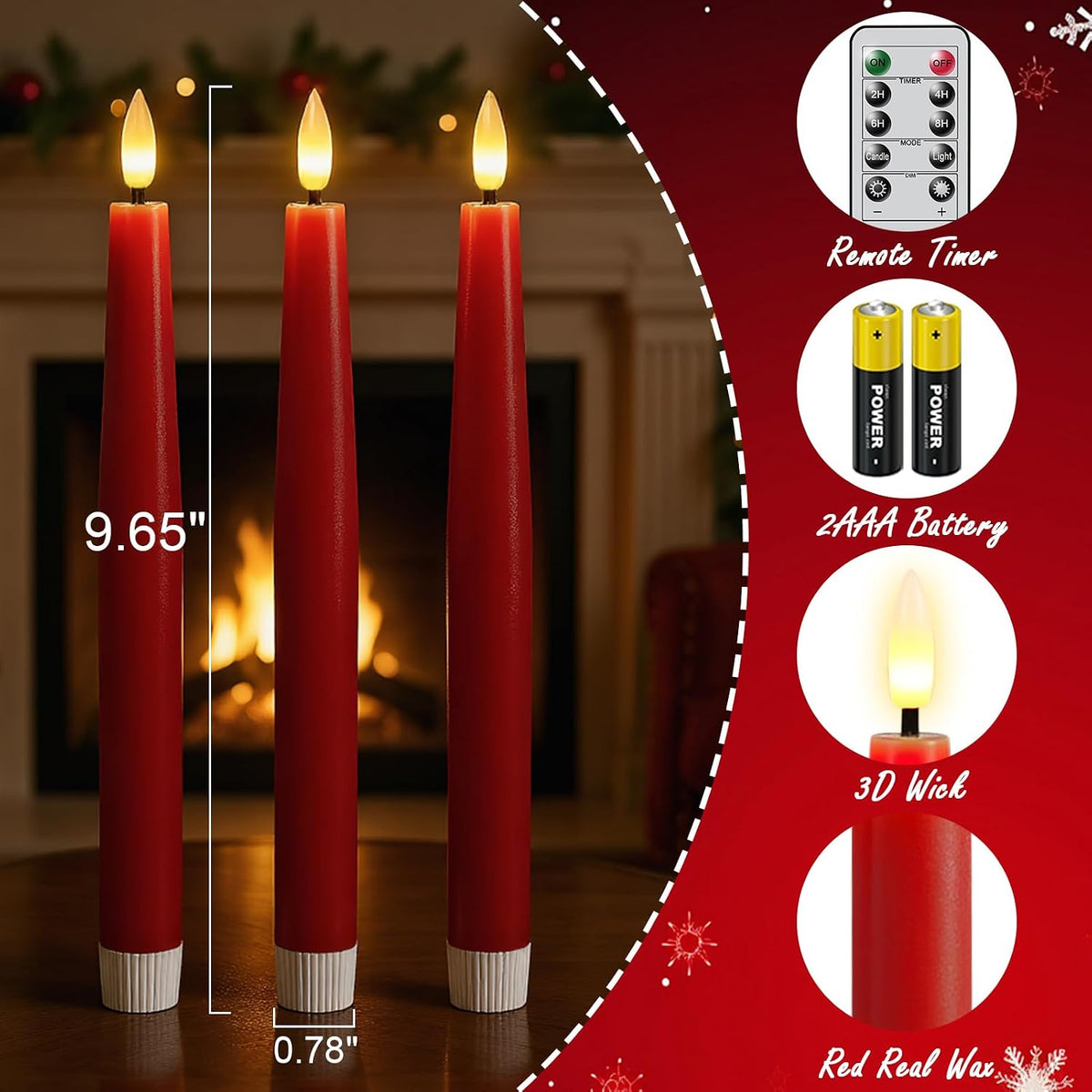 Red Christmas Flameless Taper Candles Battery Operated with Remote Timer