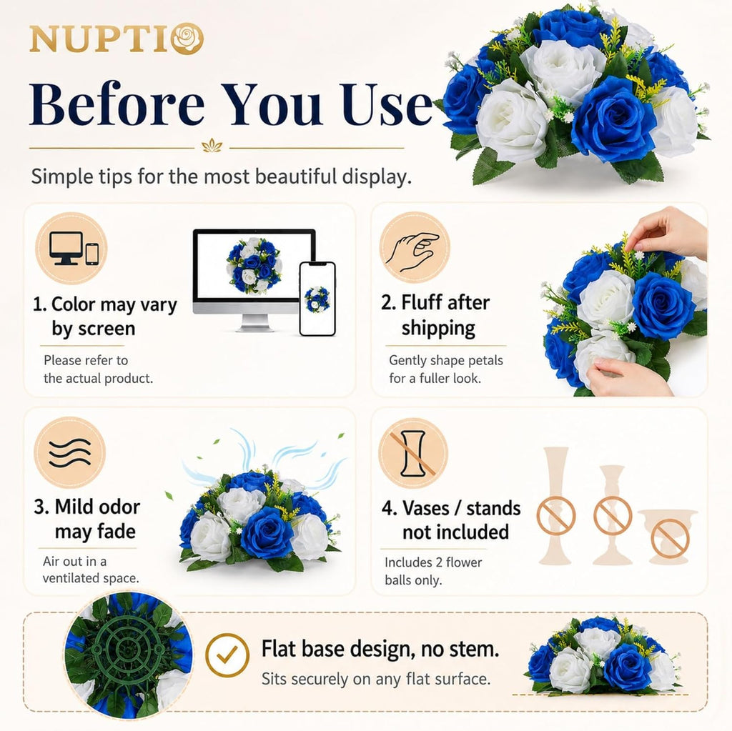 NUPTIO Flower Balls Centerpieces for Tables: Royal Blue White Fake Roses