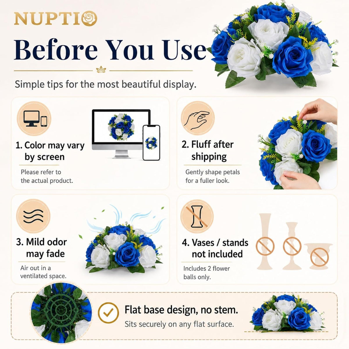 NUPTIO Flower Balls Centerpieces for Tables: Royal Blue White Fake Roses
