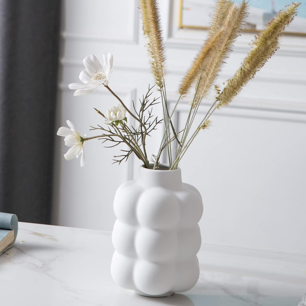 Mowtanco White Ceramic Vase, Modern Small Vase for Centerpiece 6.7" Tall